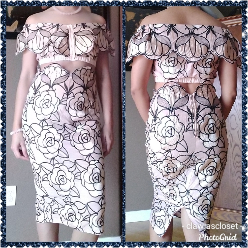 Floral Embroidery Highwaist Skirt & Crop Top